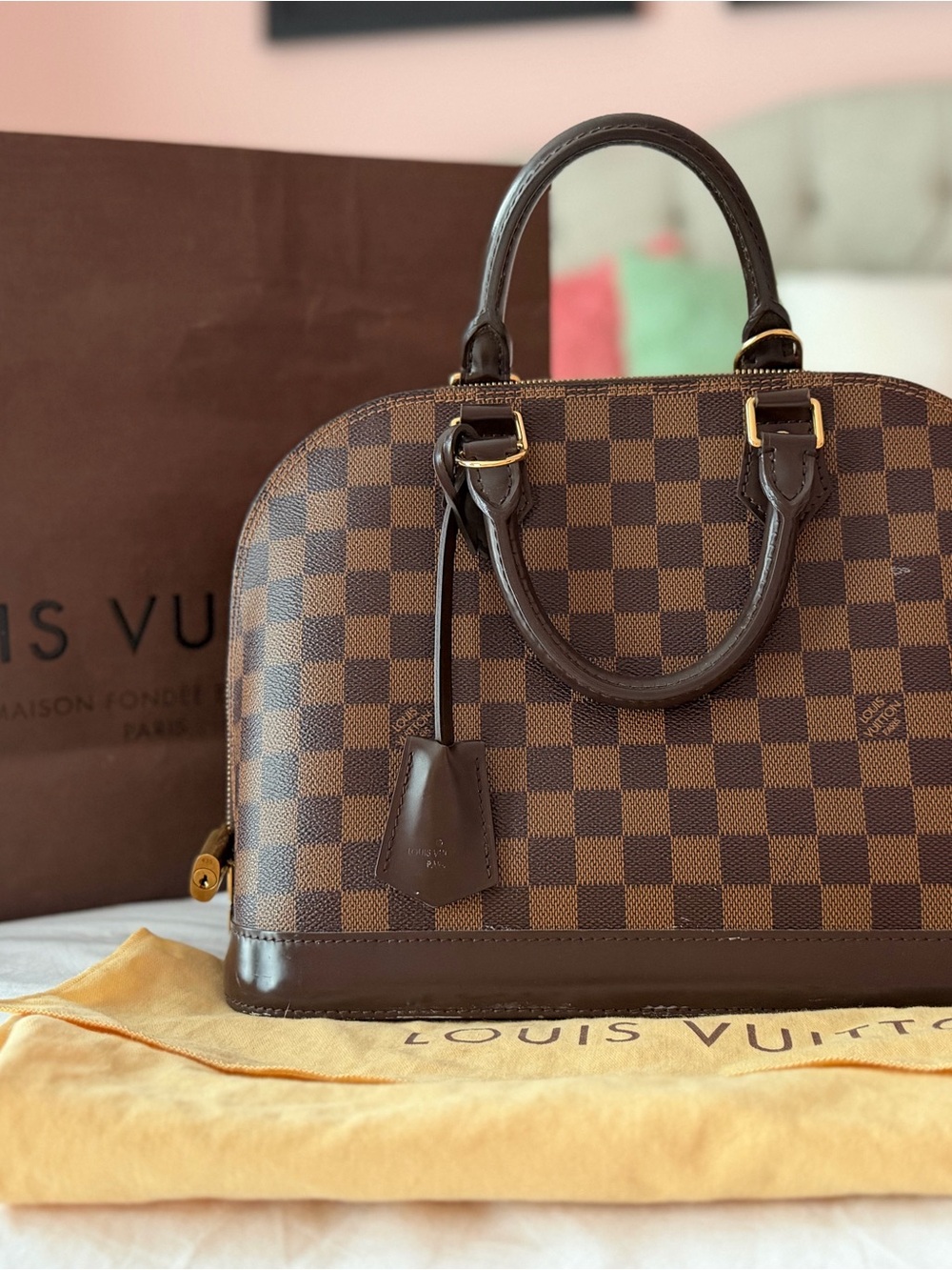 Louis Vuitton Brown Damier Ebene Alma Satchel with Gold Hardware